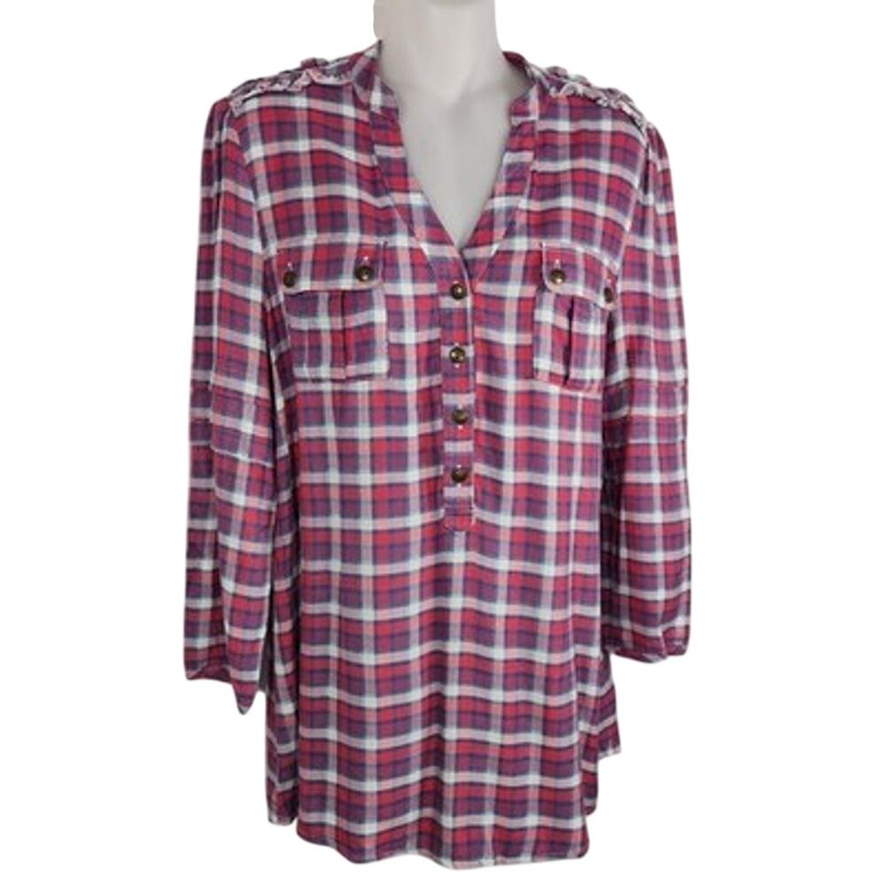 Matilda Jane Plaid Tunic Top Pink White V Neck All Day Millie Ruffle Trim Medium